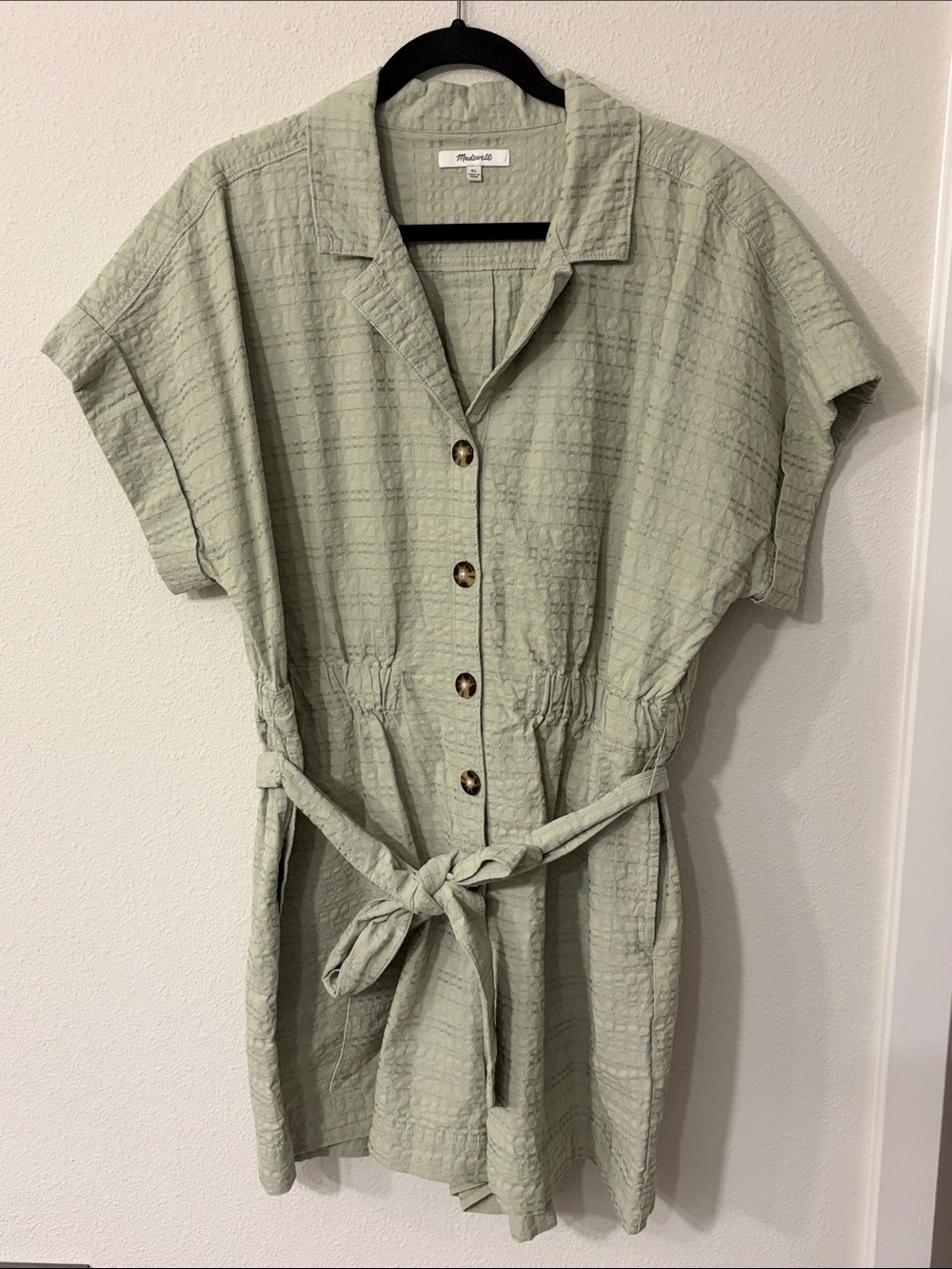 Madewell Sage Green Button-Front Tie-Waist Romper